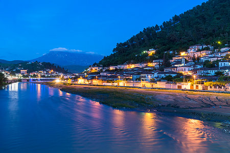 simsearch:6119-09228810,k - Ottoman houses built on the hills overlooking Berat City at sunset, UNESCO World Heritage Site, Berat, Albania, Europe Stock Photo - Premium Royalty-Free, Code: 6119-09228495