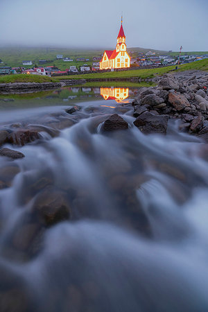 simsearch:6119-09238632,k - Church of Sandavagur at dusk, Vagar island, Faroe Islands, Denmark, Europe Stock Photo - Premium Royalty-Free, Code: 6119-09238613