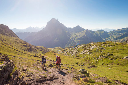 simsearch:6119-09238953,k - Walkers descend from the top of Col d'Ayous on the GR10 trekking route in the French Pyrenees, Pyrenees Atlantiques, France, Europe Stock Photo - Premium Royalty-Free, Code: 6119-09238750