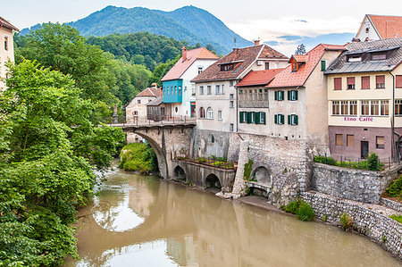 simsearch:6119-09238769,k - Houses lining a river, Skofja Loka village, near Ljubljana, Slovenia, Europe Stock Photo - Premium Royalty-Free, Code: 6119-09238772