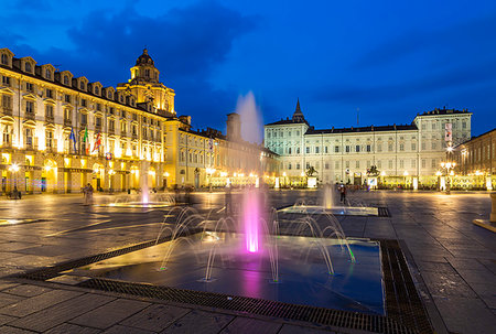 simsearch:841-09256343,k - View of Piazza Castello surrounded by Palazzo Madama and Palazzo Reale at dusk, Turin, Piedmont, Italy, Europe Stock Photo - Premium Royalty-Free, Code: 6119-09239054