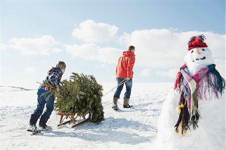 Father and son pulling spruce on sledge, Bavaria, Germany Stock Photo - Premium Royalty-Free, Code: 6121-07740025