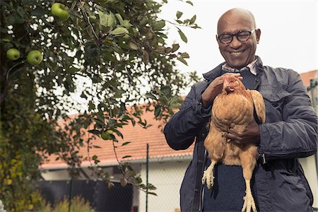 Black man stroking a chicken bird and smiling in farm, Bavaria, Germany Stock Photo - Premium Royalty-Free, Code: 6121-08522266