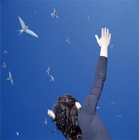 flock of birds in flight - Businesswoman cheering outdoors Stock Photo - Premium Royalty-Free, Code: 6122-08229718