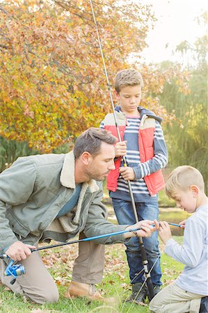 father, son, fishing - Father teaching sons to prepare fishing rods Stock Photo - Premium Royalty-Free, Code: 6124-08170445