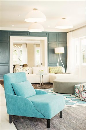 simsearch:6124-08908231,k - Turquoise armchair in luxury living room Stock Photo - Premium Royalty-Free, Code: 6124-08170535