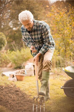 Man gardening digging dirt in autumn garden Foto de stock - Sin royalties Premium, Código: 6124-08820749