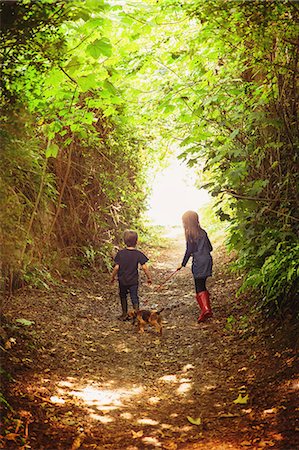 simsearch:640-06050836,k - Boy and girl brother and sister walking puppy dog on tree lined path Stock Photo - Premium Royalty-Free, Code: 6124-08945912