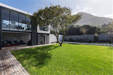 Sunny home showcase exterior lawn and tree below mountain Foto de stock - Sin royalties Premium, Código: 6124-08907862