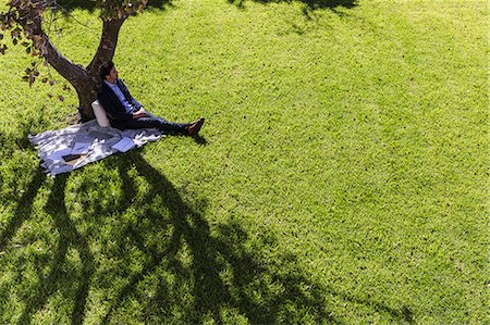 Serene businessman relaxing on blanket below tree in sunny park Photographie de stock - Premium Libres de Droits, Code: 6124-08907873