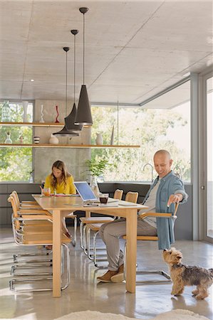 Man at dining table feeding dog Foto de stock - Sin royalties Premium, Código: 6124-08908066