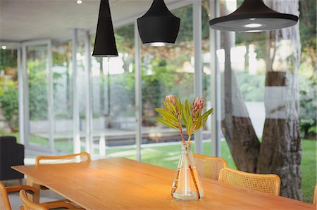 Modern black pendant lights hanging over bouquet on dining room table Stockbilder - Premium RF Lizenzfrei, Bildnummer: 6124-08908090