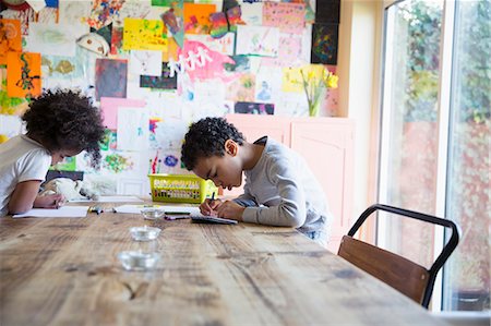 drawings of a girl and boy - Focused brother and sister coloring at dining table Stock Photo - Premium Royalty-Free, Code: 6124-09167330