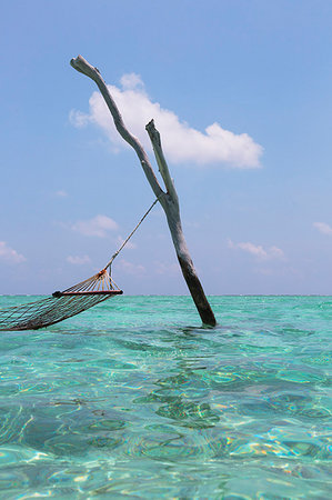 simsearch:6124-09188670,k - Hammock hanging over tranquil blue ocean, Maldives, Indian Ocean Photographie de stock - Premium Libres de Droits, Code: 6124-09188656