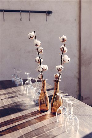 Sweden, Dried cotton plants in bottles on table Foto de stock - Sin royalties Premium, Código: 6126-08635039