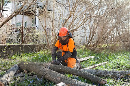 simsearch:6102-08996464,k - Arborist cutting log Foto de stock - Royalty Free Premium, Número: 6126-09102683