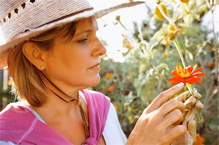 simsearch:649-09276174,k - Mid-adult woman looking at a red flower while wearing a sunhat and standing in her garden. Photographie de stock - Premium Libres de Droits, Code: 6128-08747523