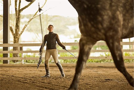 sciure - Mid adult woman training her horse in an exercise yard. Photographie de stock - Premium Libres de Droits, Code: 6128-08766755