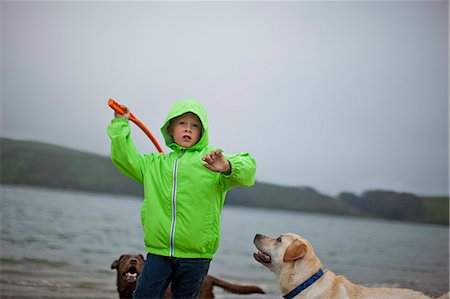 simsearch:673-03623298,k - young boy playing fetch with two dogs in a lake. Stockbilder - Premium RF Lizenzfrei, Bildnummer: 6128-08737674