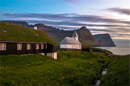 denmark traditional house - Vidareidi village, Vidoy island, Faroe Islands, Denmark. Village's church at sunset. Stock Photo - Premium Royalty-Free, Code: 6129-09044508