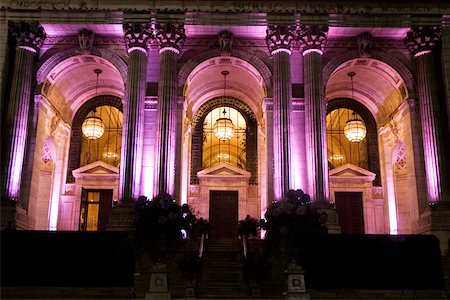 Arches on a building lit up with purple lights, New York City, New York State, USA Stock Photo - Premium Royalty-Free, Code: 625-00804951