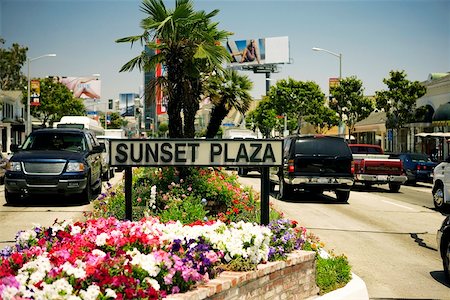 simsearch:625-00805035,k - Sunset Plaza Sign erected in a flower bed, Los Angeles, California, USA Stock Photo - Premium Royalty-Free, Code: 625-00805496