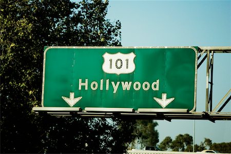 simsearch:625-00801343,k - Low angle view of highway signs to Hollywood, Los Angeles, California, USA Stock Photo - Premium Royalty-Free, Code: 625-00801343