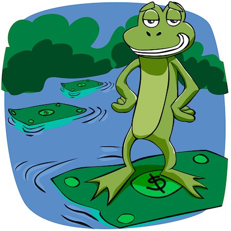 simsearch:625-00835899,k - Portrait of a frog standing on a dollar bill floating on water Stock Photo - Premium Royalty-Free, Code: 625-00835917