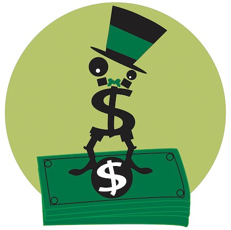 simsearch:625-00835899,k - Dollar symbol wearing a top hat standing on top of a stack of American dollar bills Stock Photo - Premium Royalty-Free, Code: 625-00836793