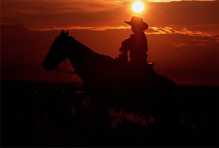 Silhouette of a person riding horseback at sunset Stock Photo - Premium Royalty-Free, Code: 625-00849160