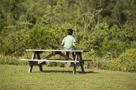 Rear view of a boy sitting on a bench Stock Photo - Premium Royalty-Free, Code: 625-00850533