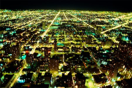 small town usa aerial view - Aerial view of a city lit up at night, Chicago, Illinois, USA Stock Photo - Premium Royalty-Free, Code: 625-00903856