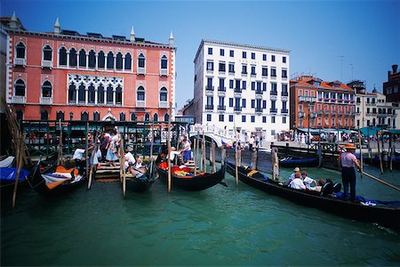 simsearch:625-01750772,k - Gondolas moored in a canal in front of buildings, Grand Canal, Venice, Veneto, Italy Stock Photo - Premium Royalty-Free, Code: 625-01095189