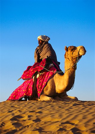 riding on a camel in the desert - Low angle view of a mid adult man riding a camel in a desert, Rajasthan, India Stock Photo - Premium Royalty-Free, Code: 625-01264572