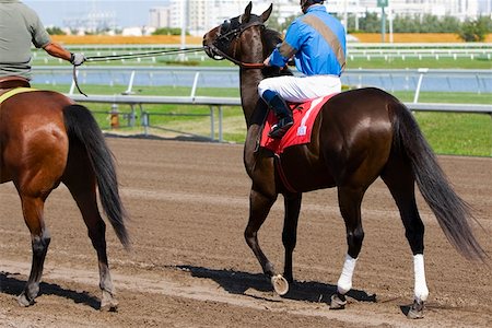 Rear view of two jockeys riding racehorses Stock Photo - Premium Royalty-Free, Code: 625-01744964