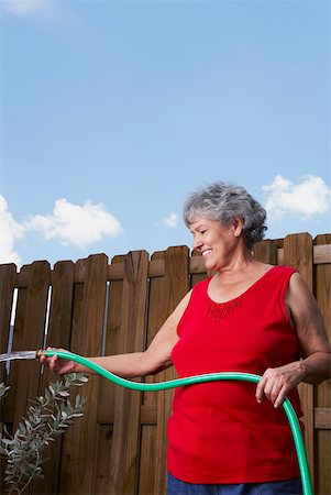 family backyard gardening not barbeque - Senior woman watering a plant Stock Photo - Premium Royalty-Free, Code: 625-01746641