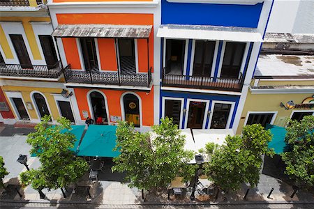 simsearch:625-02933461,k - High angle view of sidewalk cafes along a road, Old San Juan, San Juan, Puerto Rico Stock Photo - Premium Royalty-Free, Code: 625-01747409