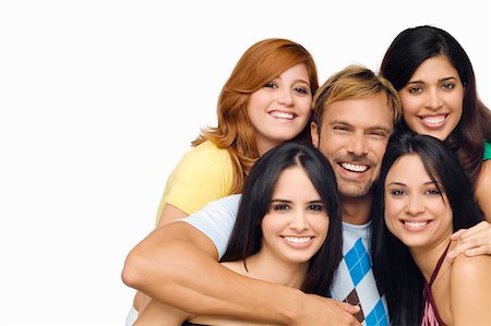 diverse group of friends - Portrait d'un homme adult milieu posant avec quatre jeunes femmes Photographie de stock - Premium Libres de Droits, Code: 625-01747468