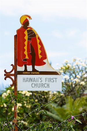 Low angle view of an information board, Mokuaikaua Church, Kailua- Kona, Kona, Big Island, Hawaii Islands, USA Fotografie stock - Premium Royalty-Free, Codice: 625-01750922