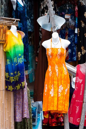 Clothes displayed at a market stall, Kona, Big Island, Hawaii Islands, USA Fotografie stock - Premium Royalty-Free, Codice: 625-01751171