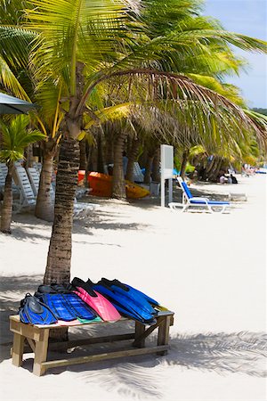 Flippers on a bench under a palm tree on the beach, West Bay Beach Roatan, Bay Islands, Honduras Stock Photo - Premium Royalty-Free, Code: 625-01751923