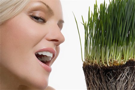 Close-up of a young woman smiling with wheatgrass in front of her face Foto de stock - Sin royalties Premium, Código: 625-02930733