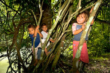 Three children climbing on trees, Agua Azul Cascades, Chiapas, Mexico Fotografie stock - Premium Royalty-Free, Codice: 625-02933368