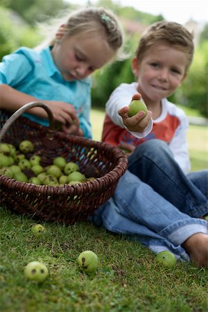 fruits basket low angle - Little girl and boy with a basket of limes, selective focus Foto de stock - Sin royalties Premium, Código: 628-01278508