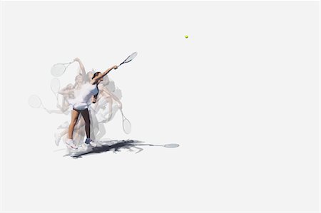 full body series of woman white background - Multiple Exposures of a Young Female Tennis Player Serving Stock Photo - Premium Royalty-Free, Code: 622-05602815