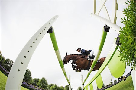 fantino (uomo e donna) - Horseback Rider Jumping Hurdle Fotografie stock - Premium Royalty-Free, Codice: 622-05786758