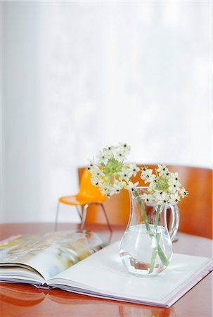 flower arrangement in glass - Jug With Flowers On Open Book Set On Table Stock Photo - Premium Royalty-Free, Code: 622-06009701