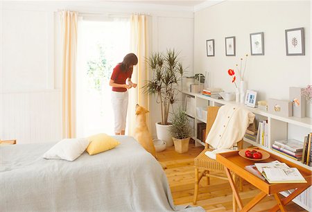 Jeune femme avec son Labrador Golden à la maison Photographie de stock - Premium Libres de Droits, Code: 622-06009784