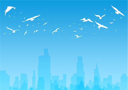 flock birds flying - Flock Of Birds Flying Over Cityscape Stock Photo - Premium Royalty-Free, Code: 622-06190974