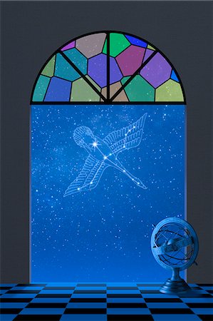 simsearch:622-06398383,k - Cygnus constellation and stained glass Fotografie stock - Premium Royalty-Free, Codice: 622-06398400